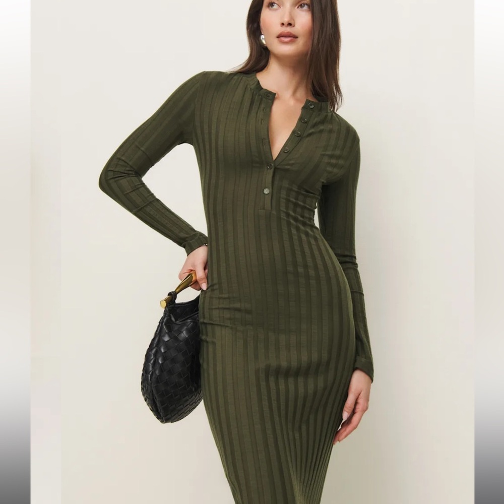 Reformation Lani Olive ribbed knit dress